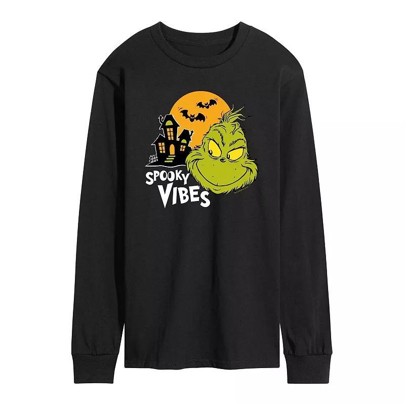 Mens Dr. Seuss Grinch Spooky Vibes Long Sleeve Graphic Tee Grey Gray Product Image