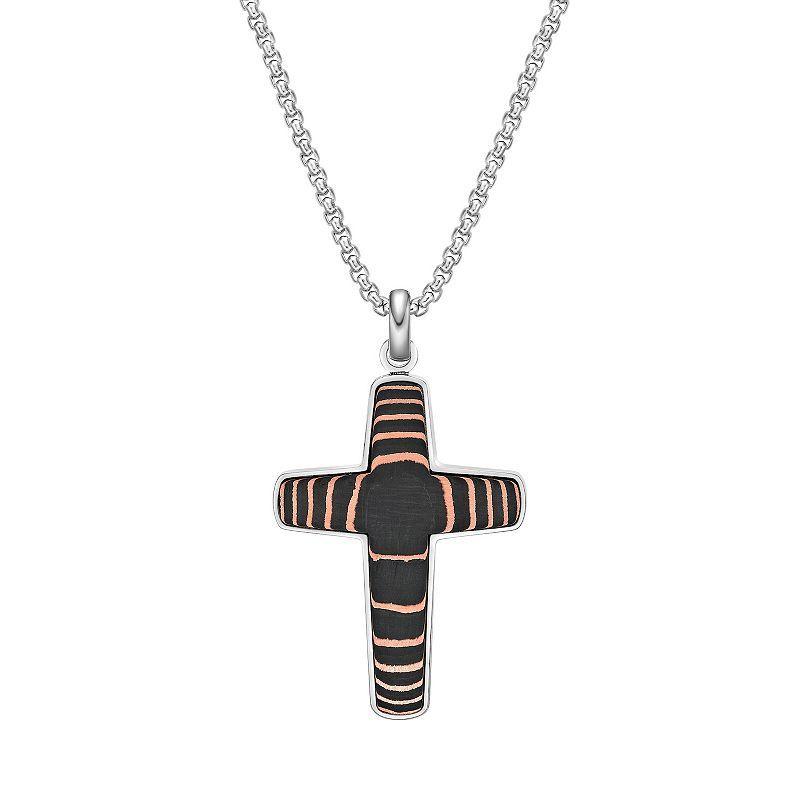 Mens LYNX Stainless Steel, Carbon Fiber & Copper Foil Cross Pendant Necklace Two Tone Product Image