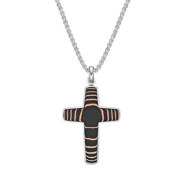 Mens LYNX Stainless Steel, Carbon Fiber & Copper Foil Cross Pendant Necklace Two Tone Product Image