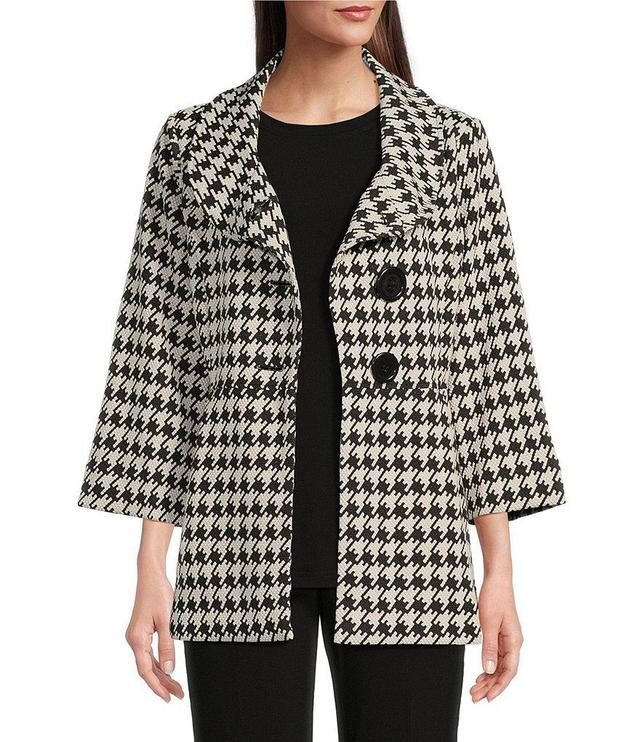 Ali Miles Petite Size Stretch Jacquard Houndstooth Collared 3/4 Sleeve Button Up Jacket Product Image