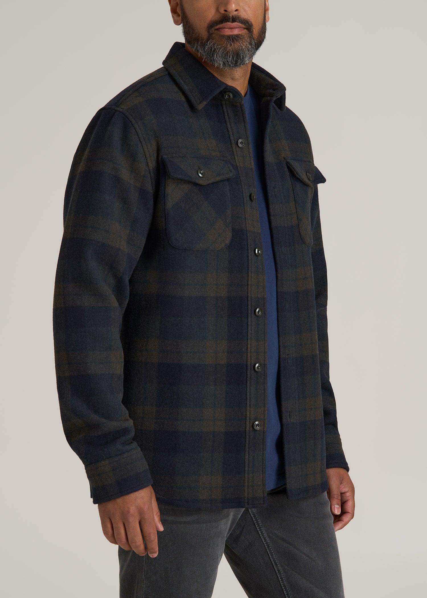 LJ&S Wool Blend Tall Men's Shirt Jacket in Green and Navy Plaid Male Product Image