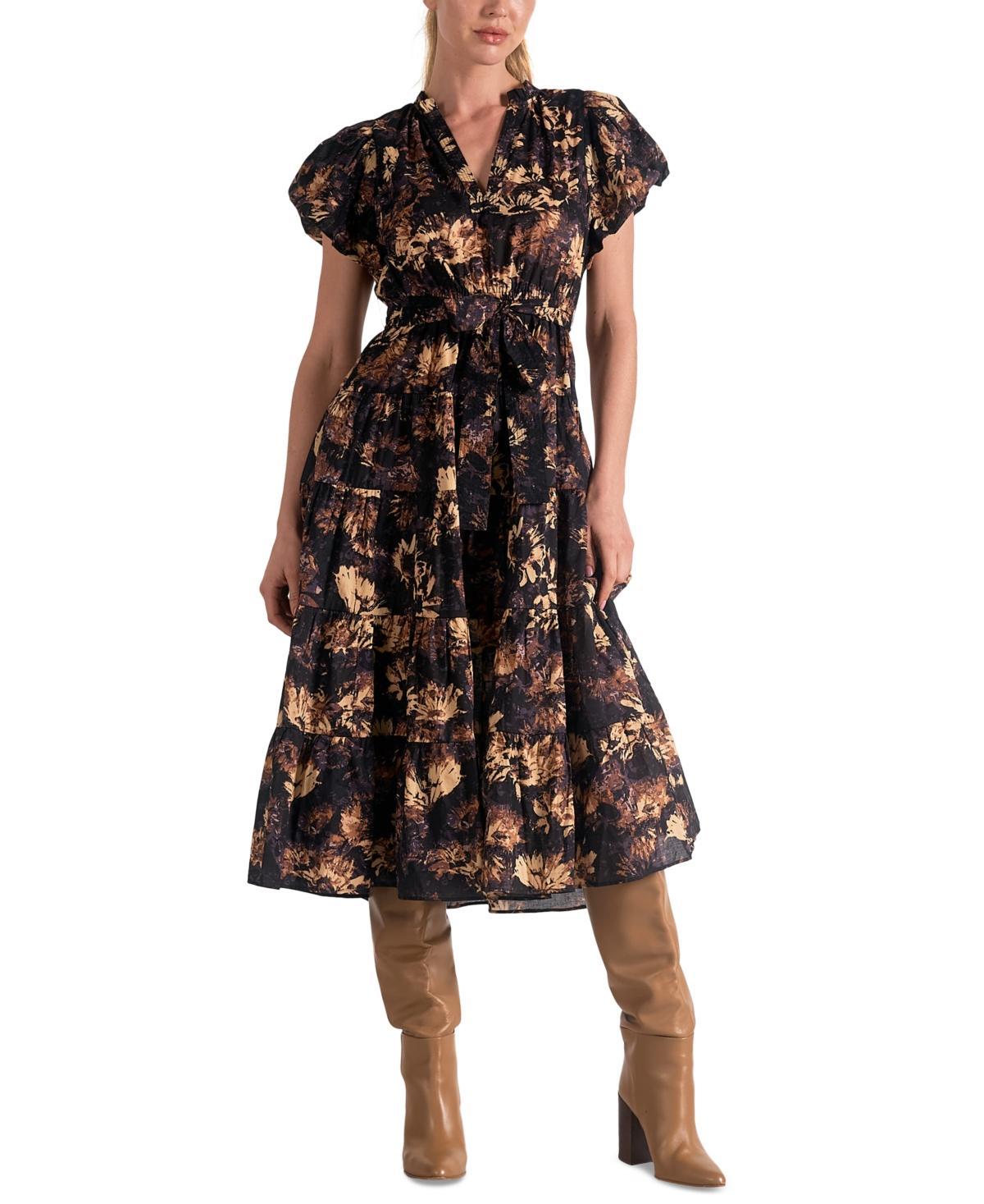 Elan Womens Cotton Printed-Voile Tie-Waist Midi Dress Product Image