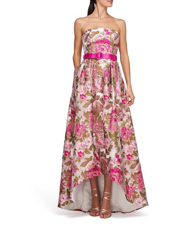 Kay Unger Floral Metallic Organza Jacquard Strapless Sleeveless Belted High Low Gown Product Image