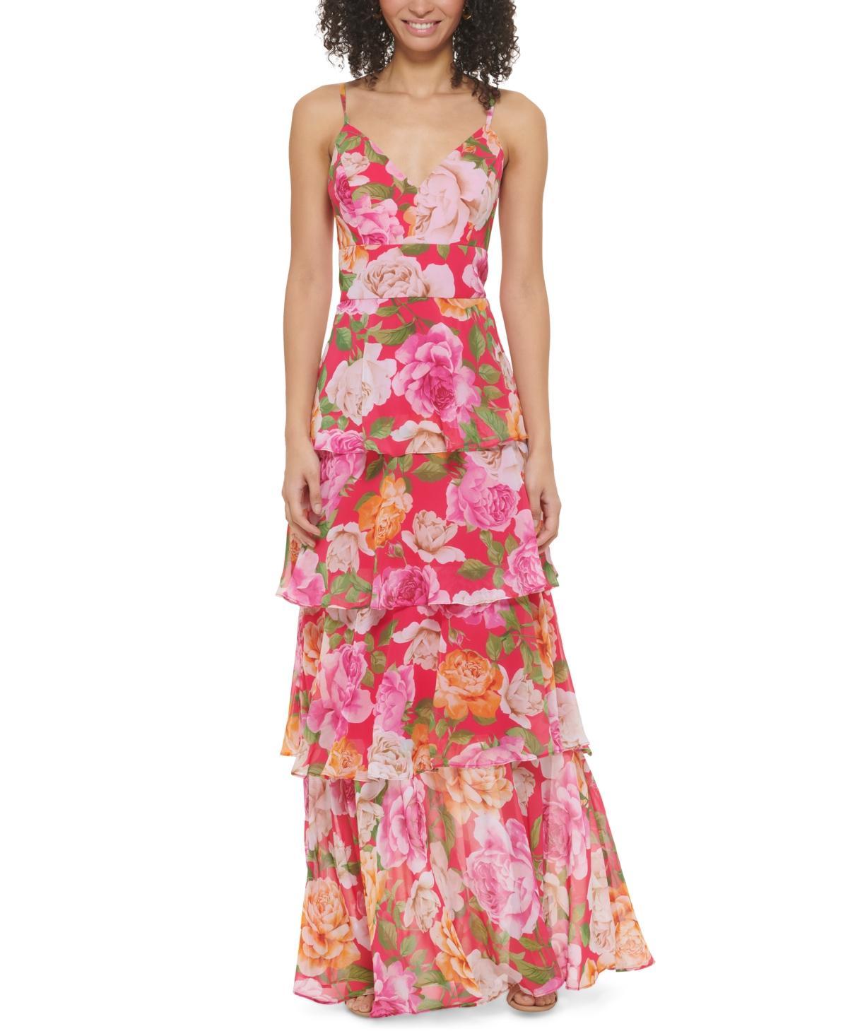 Eliza J Womens Floral-Print V-Neck Tiered Gown Product Image