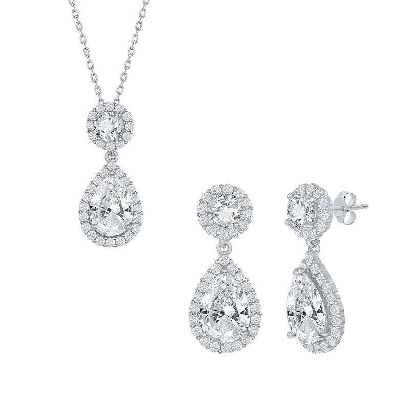 Sterling Silver Pear-Shaped CZ Necklace & Earrings Set, Womens Product Image