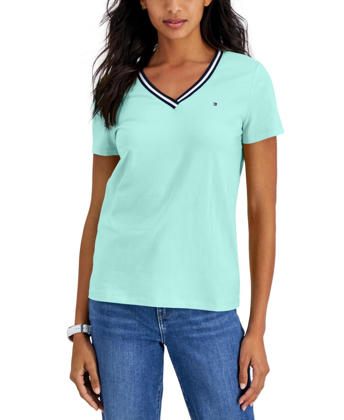 Tommy Hilfiger Womens Striped V-Neck Short-Sleeve T-Shirt Product Image