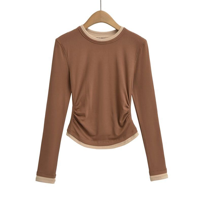 Long-Sleeve Crew Neck Plain Contrast Trim Ruched Tee Product Image