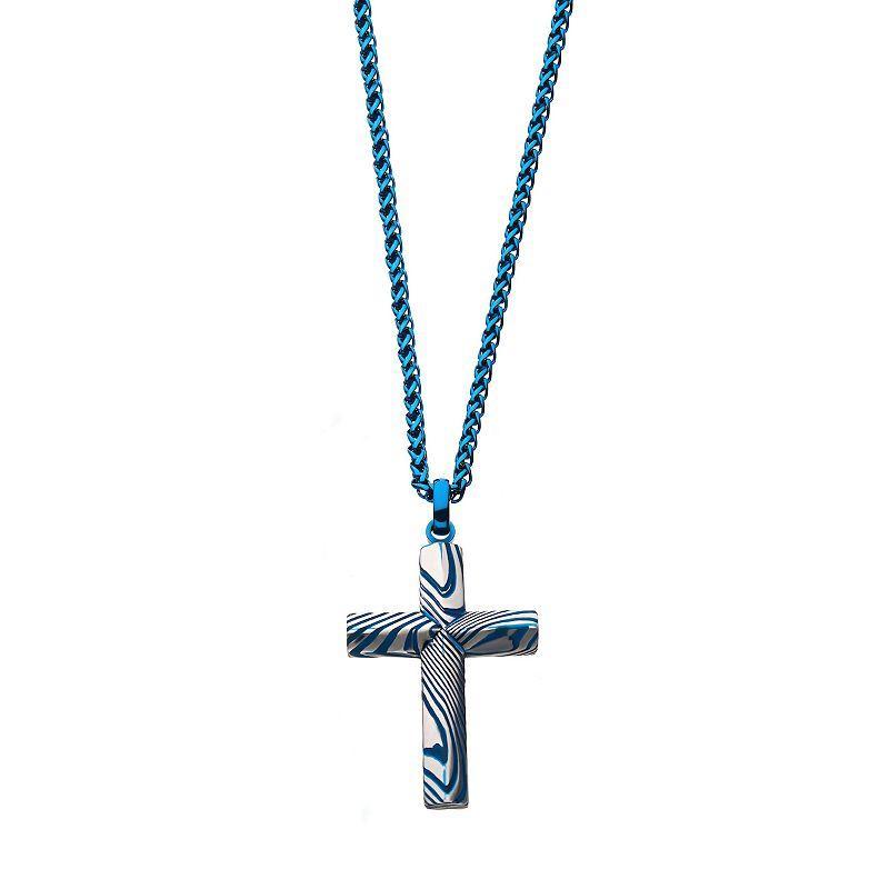 Mens Two Tone Stainless Steel Damascus Cross Pendant Necklace Blue Product Image