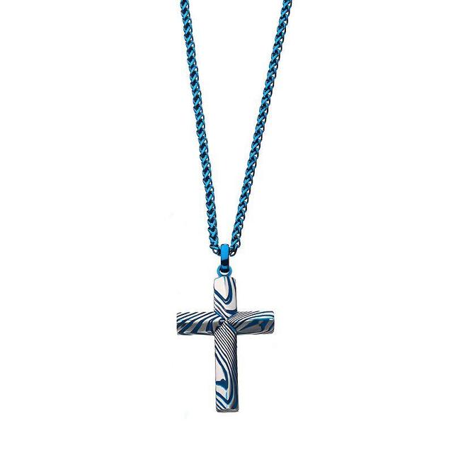 Mens Two Tone Stainless Steel Damascus Cross Pendant Necklace Blue Product Image