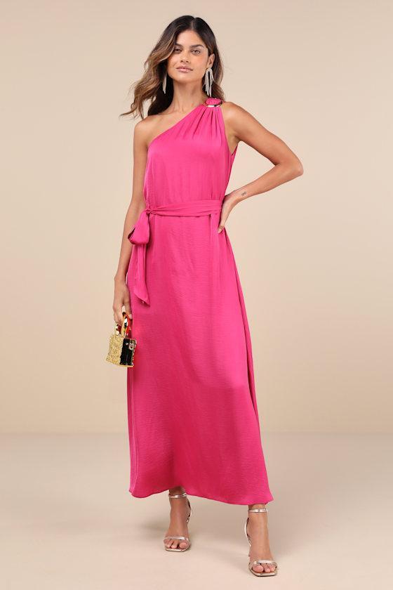 Goddess Aura Fuchsia Satin One-Shoulder Maxi Dress Product Image