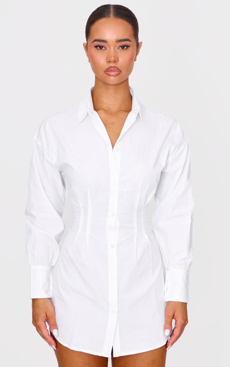 White Fitted Waist Long Sleeve Button Shirt Dress Product Image