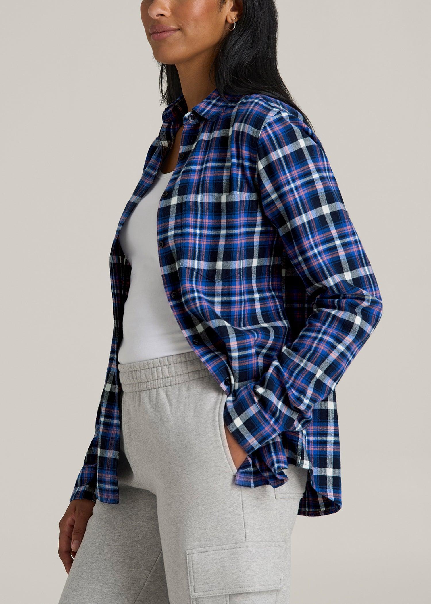 Flannel Button-Up Shirt for Tall Women in Cobalt, Navy, and Peach Plaid Female Product Image