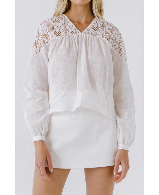 English Factory Womens Lace Yoke With Long Sleeve Blouse Product Image