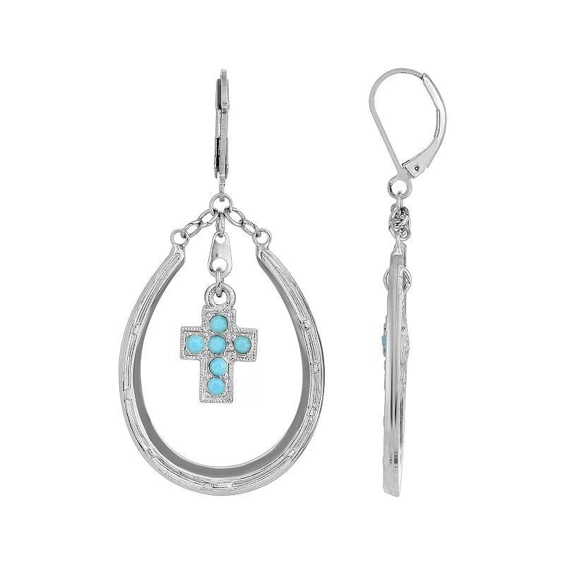 1928 Silver Tone Simulated Turquoise Dangling Cross Horseshoe Earrings, Womens Product Image