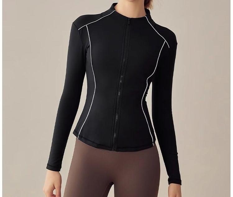 Stand Collar Contrast Trim Zip Sport Top Product Image