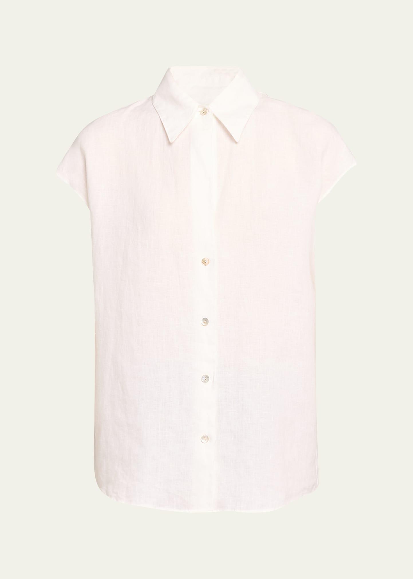 Cap-Sleeve Linen Button-Front Blouse Product Image