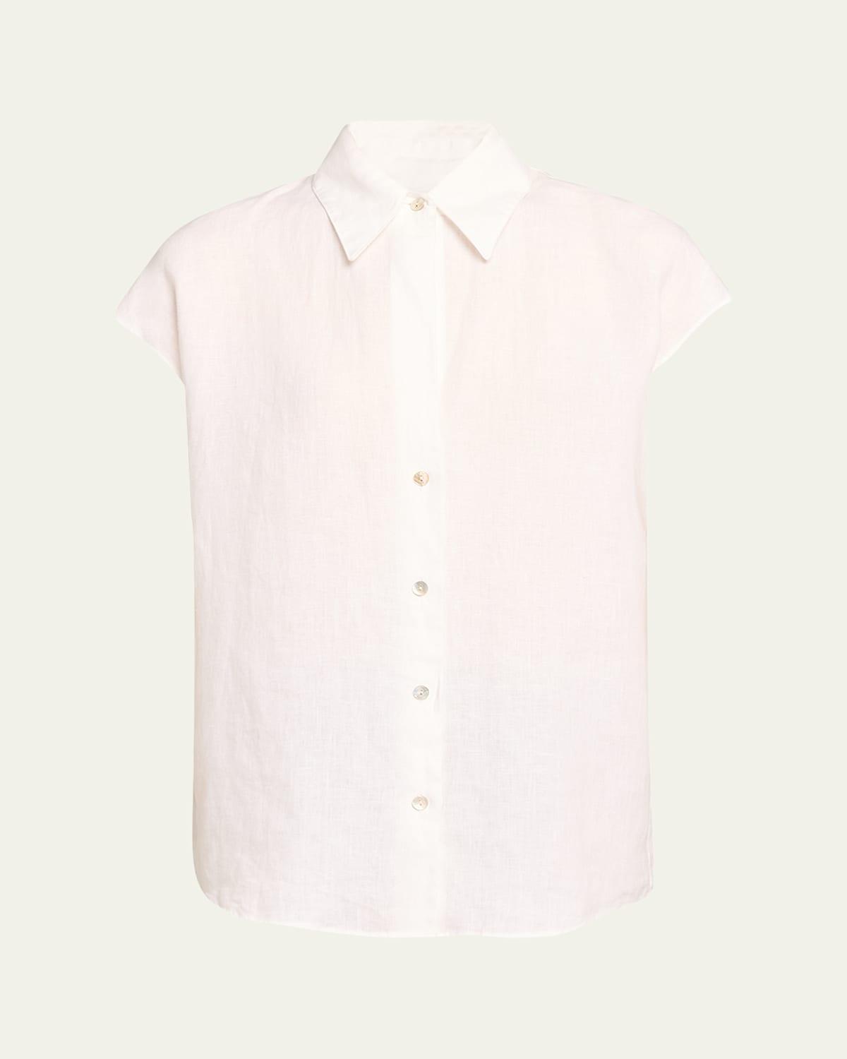 Cap-Sleeve Linen Button-Front Blouse Product Image