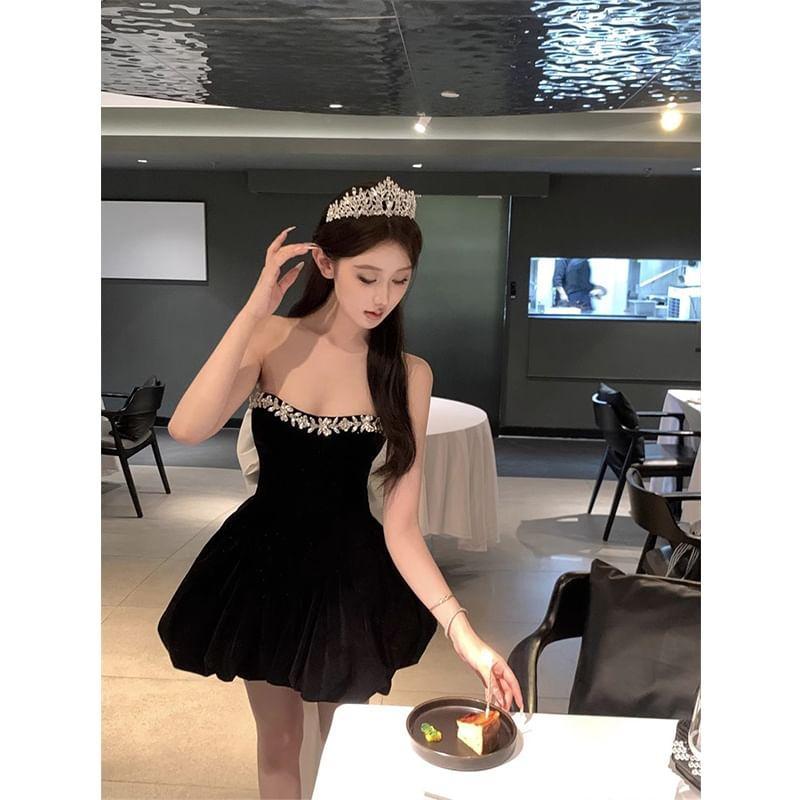 Strapless Plain Rhinestone Mini A-Line Dress Product Image