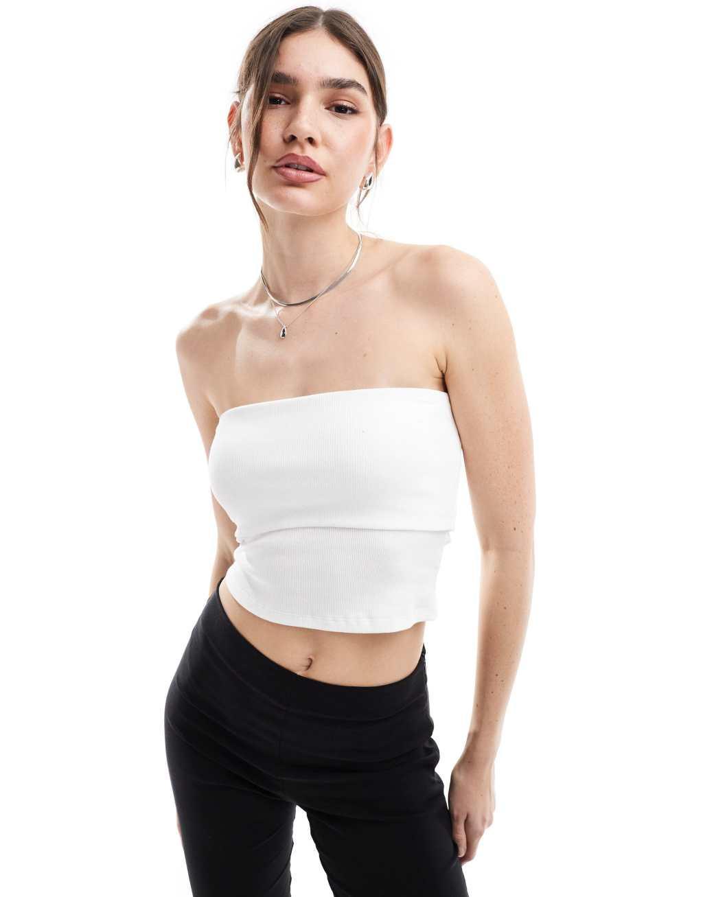 ASOS DESIGN rib fold over bandeau top in white Product Image