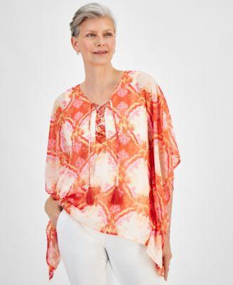 Jm Collection Womens Lace-Up V-Neck Asymmetic-Hem Poncho Top, Created for Macys Product Image