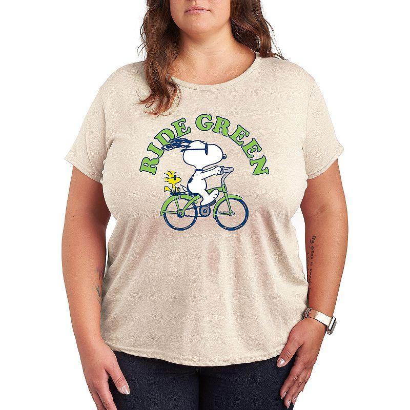 Plus Peanuts Snoopy & Woodstock Ride Green Graphic Tee, Womens Grey Green Product Image