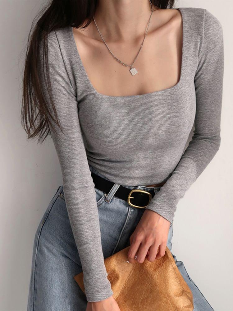 Long-Sleeve Square Neck Plain Cropped T-Shirt Product Image