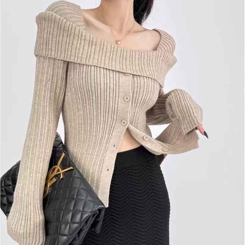 Off-Shoulder Plain Ribbed Sweater Product Image