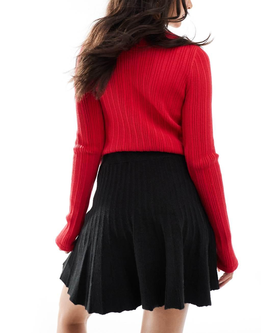 Miss Selfridge pleated flippy knit mini skirt in black Product Image