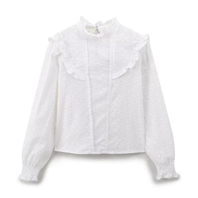 Puff-Sleeve Flower Embroidered Lace Trim Ruffle Blouse Product Image