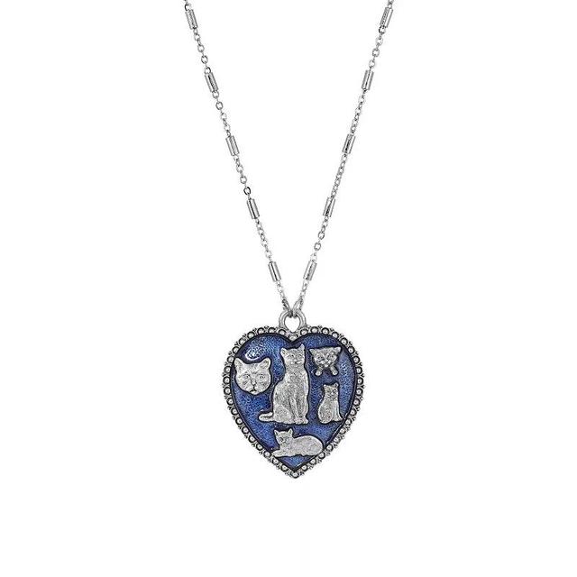 1928 Silver Tone Blue Enamel Cat Heart Pendant Necklace, Womens Product Image