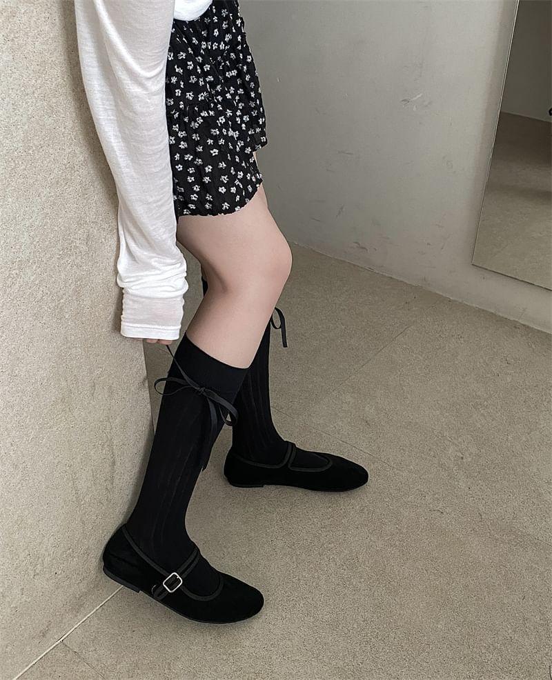 Plain Bow Ribbed Knee High Socks product image