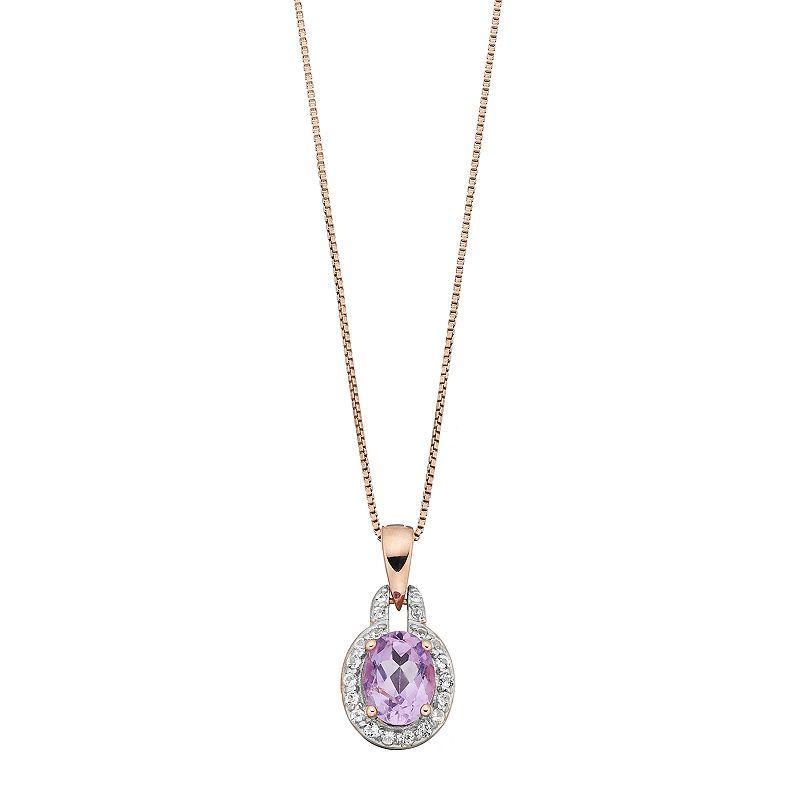 Gemminded 14k Rose Gold Over Silver Amethyst & White Topaz Oval Halo Pendant Necklace, Womens Purple Product Image