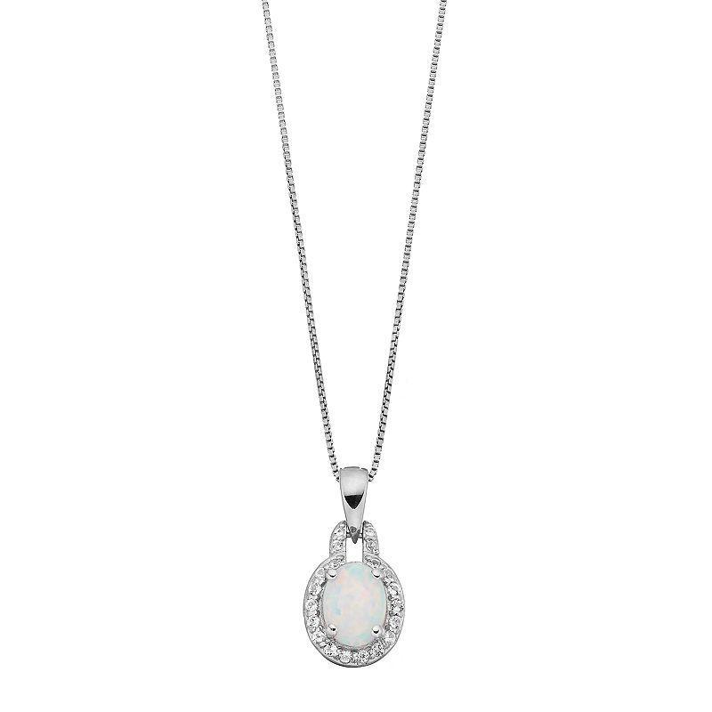 Gemminded Sterling Silver Lab-Created Opal & White Topaz Oval Halo Pendant Necklace, Womens Product Image