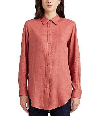 Lauren Ralph Lauren Petite Size Karrie Linen Roll-Tab Sleeve Point Collared Button Down Shirt Product Image