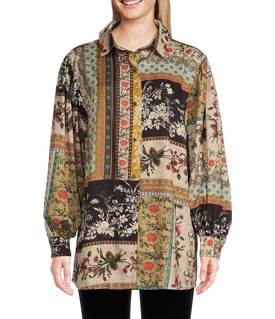 Talisman Freedom V-Neck Long Bishop Sleeve Oversized Tapestry Print Shirt Product Image