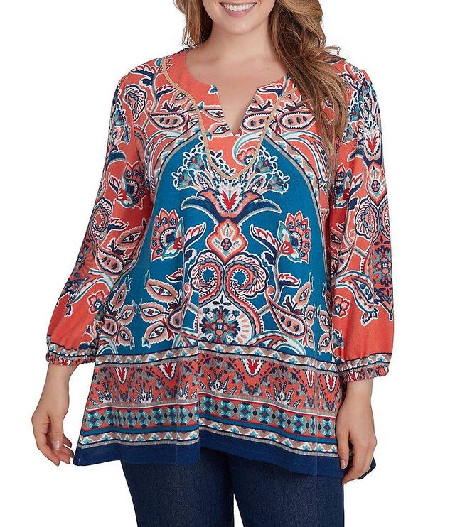 Ruby Rd. Plus Size Knit Printed Split V-Neck 3/4 Sleeve Shark-Bite Hem Top Product Image