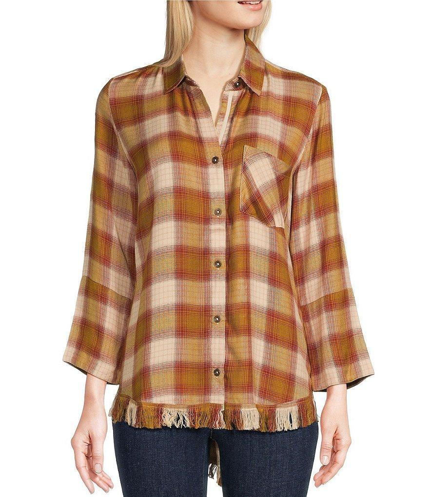 Karyn Seo Paola Woven Plaid Print Point Collar Long Sleeve Frayed Hem Button Front Shirt Product Image