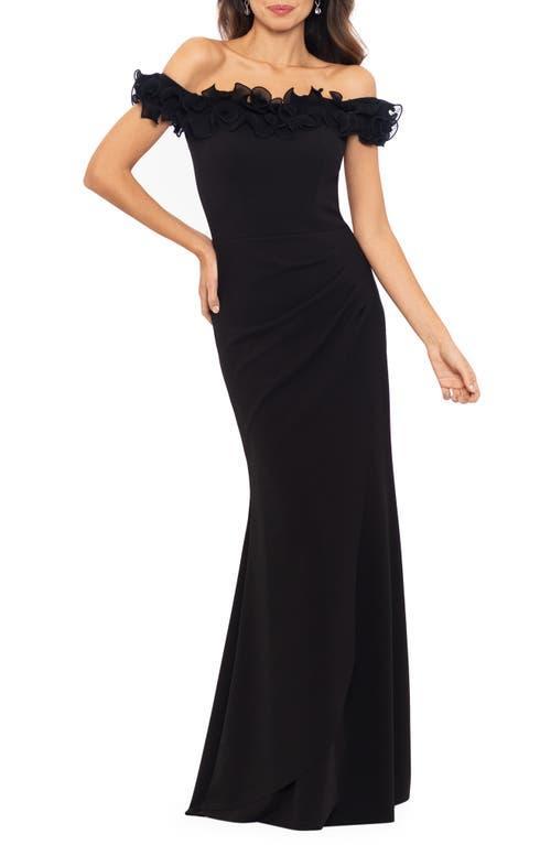 Xscape Womens Scuba-Crepe Ruffled Off-The-Shoulder Fit & Flare Gown Product Image