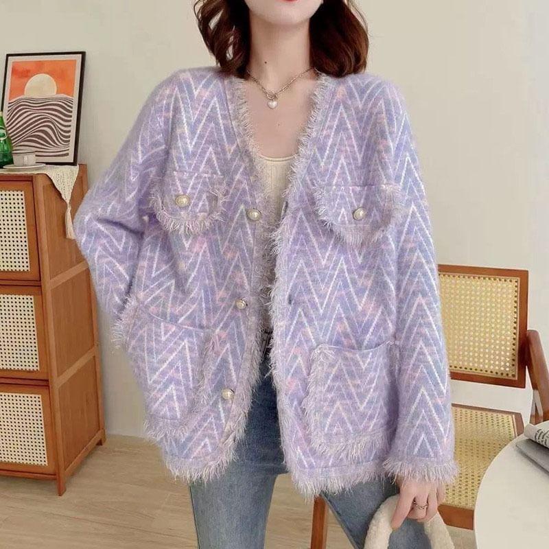 V-Neck Zig Zag Fringe Faux Pearl Button Cardigan Product Image