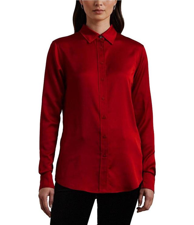 Lauren Ralph Lauren Petite Size Glossy Satin Charmeuse Point Collar Long Sleeve Button Front Shirt Product Image