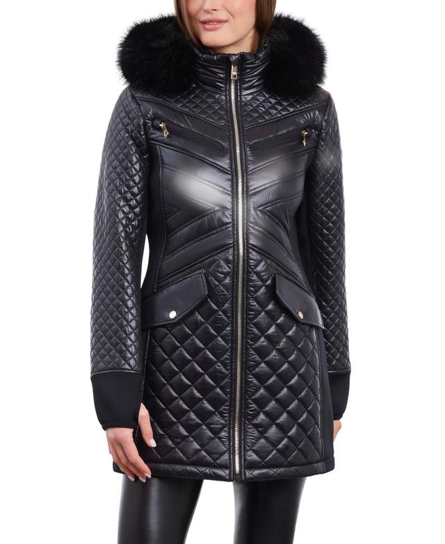 Women's Faux-Fur-Trim Hooded Quilted Coat Product Image