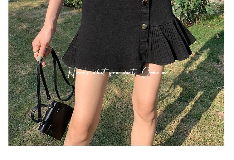 High Waist Asymmetrical Ruffle Hem Mini A-Line Denim Skirt Product Image