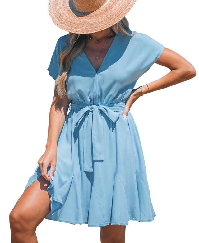 Cupshe Womens Soft Blue Short Sleeve Surplice Mini Beach Dress - Light Product Image