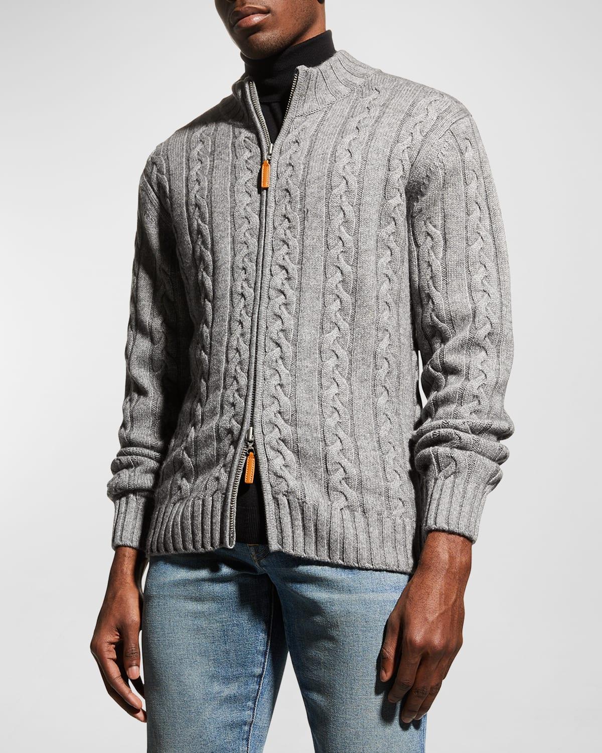 Neiman Marcus Men's Merino Wool-Cashmere Full-Zip Cable Sweater - Size: LARGE - IVORY Product Image