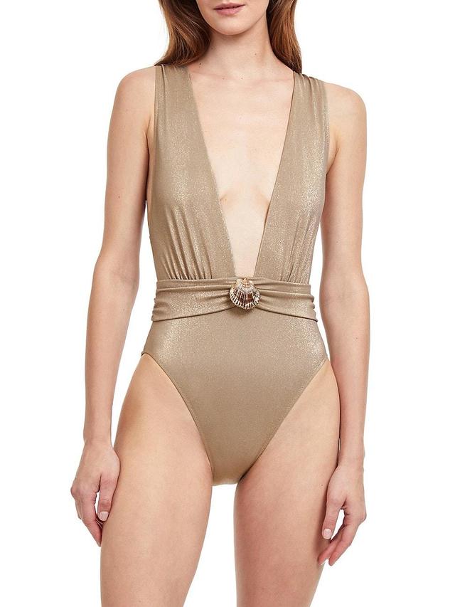 Womens White Sands Metallic Deep Plunge One-Piece Swimsuit Product Image