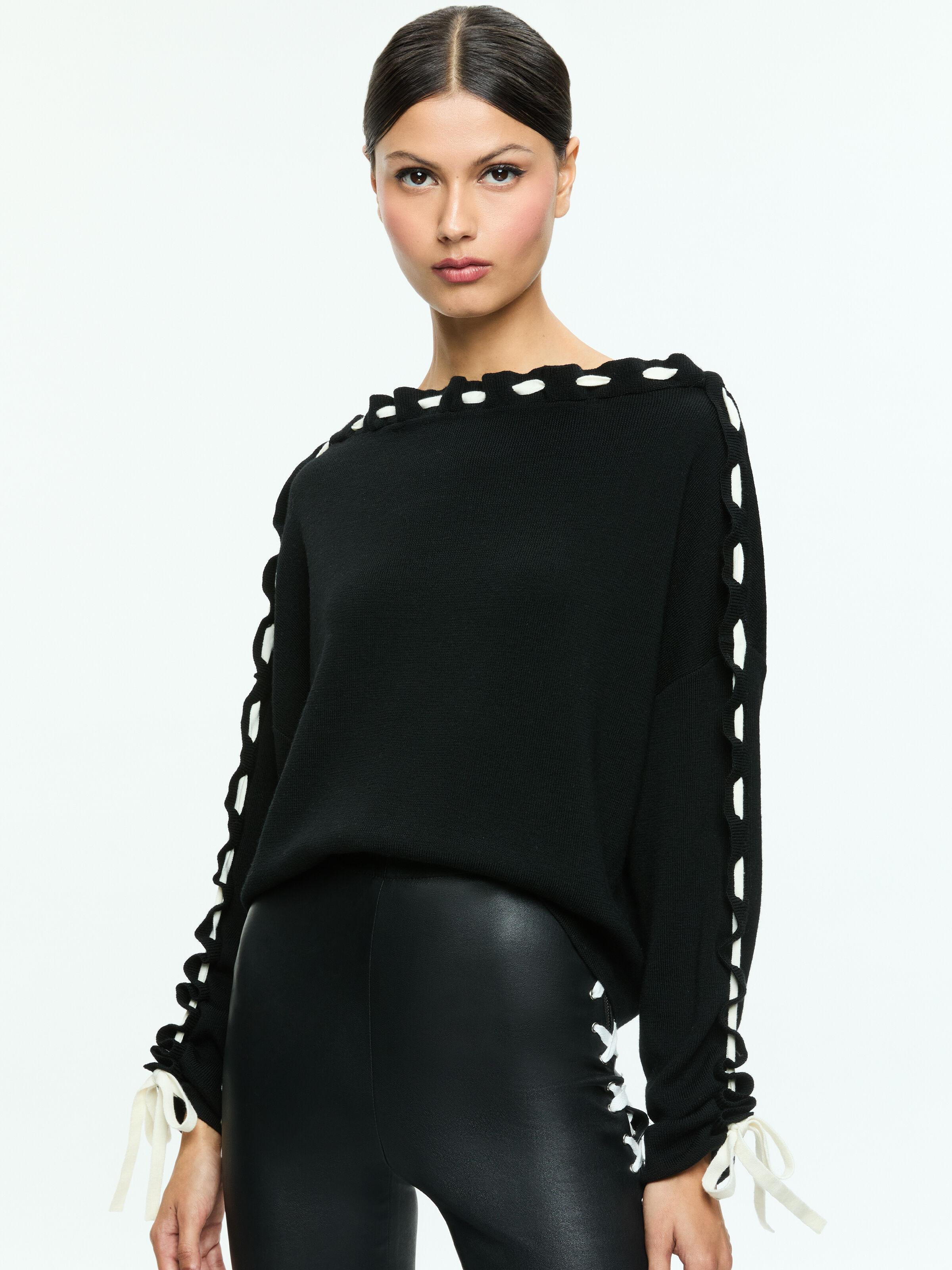 ALICE AND OLIVIA Calandra Lace Up Sleeve Pullover In Black/ecru Product Image