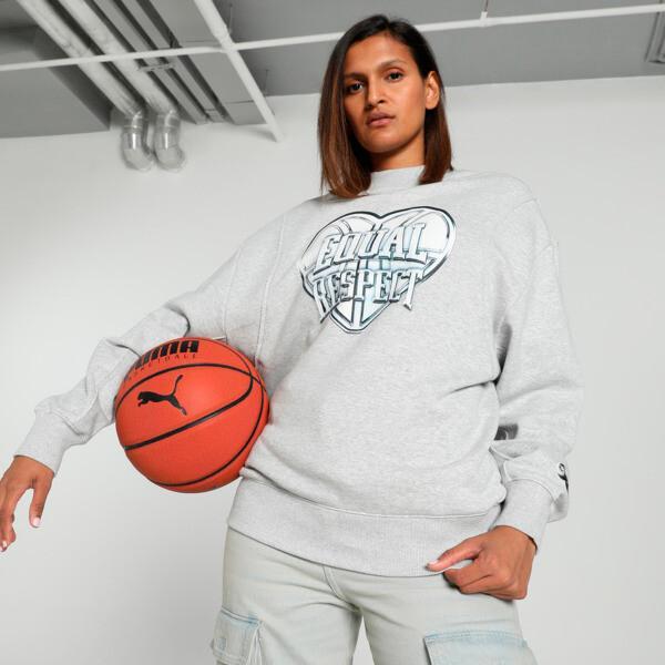 PUMA Cherry On Top Women's Graphic Basketball Crew Sweat Shirt in Light Grey Heather Product Image