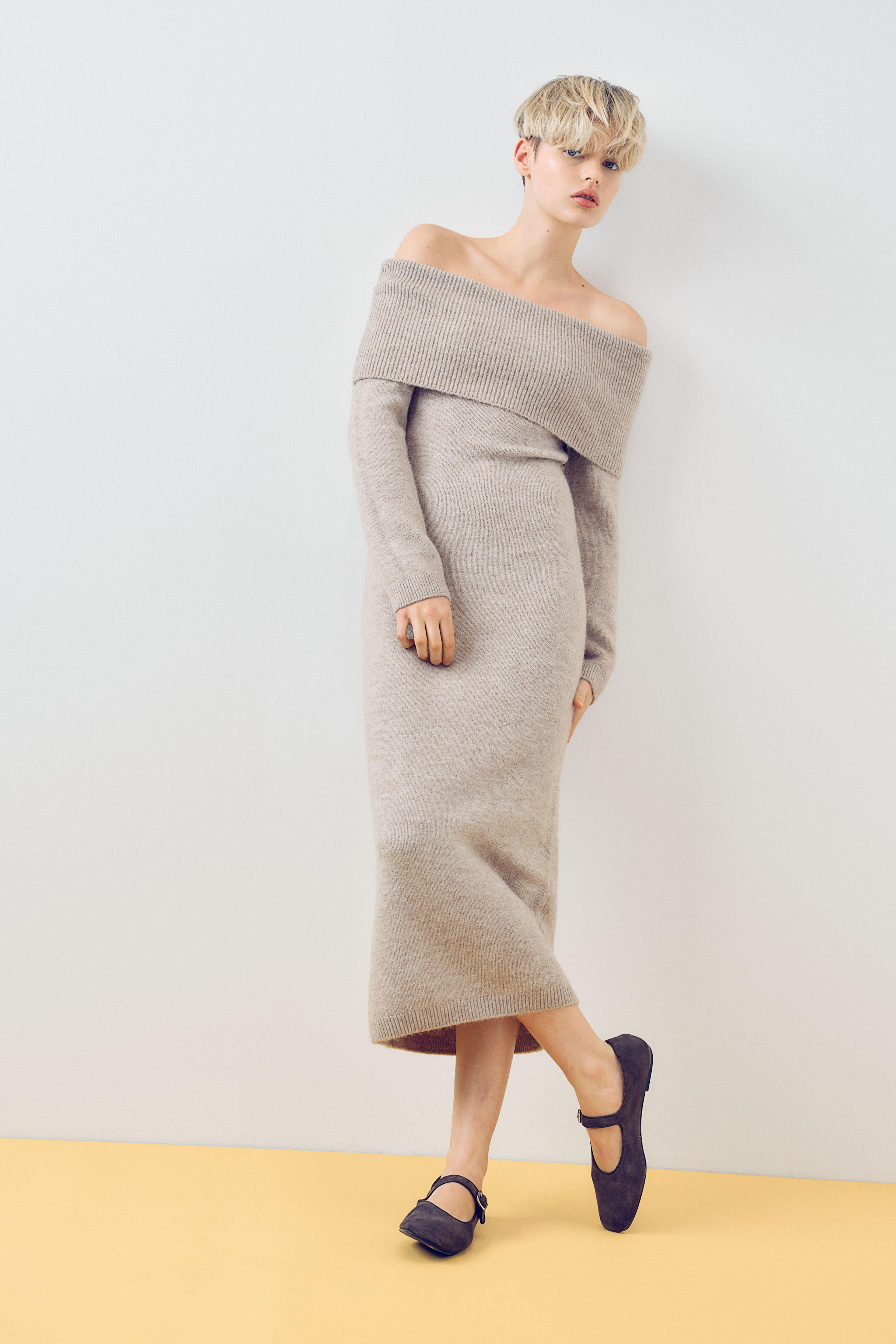 Off-the-Shoulder Fine-Knit Dress Product Image