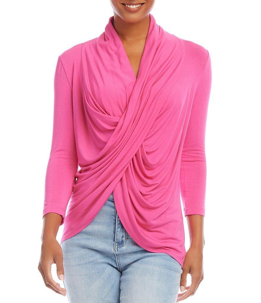 Karen Kane Cowl Neck 3/4 Sleeve Crossover Knit Top Product Image