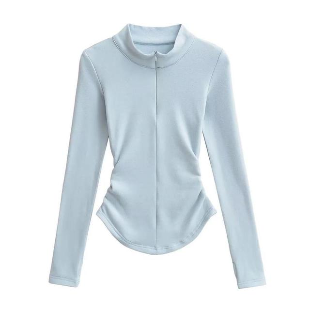 Long-Sleeve High Neck Plain Shirred T-Shirt Product Image